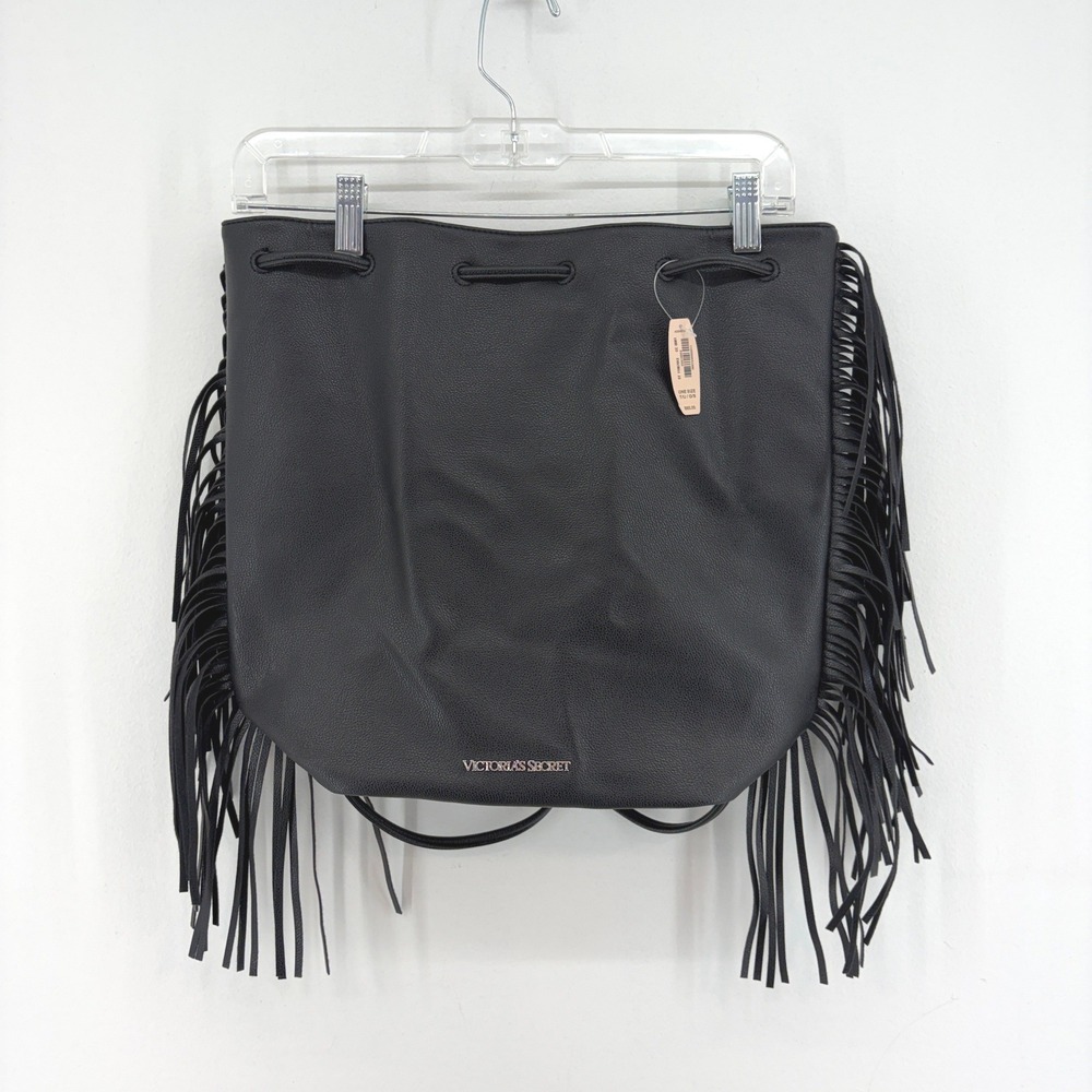 Victorias Secret Black Fringe Bucket Backpack Faux Leather NEW Boho Western Chic